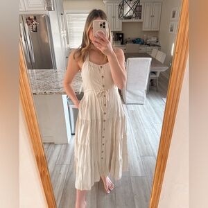 Lulus Button Front Tie Waist Midi Dress Cream Size Medium